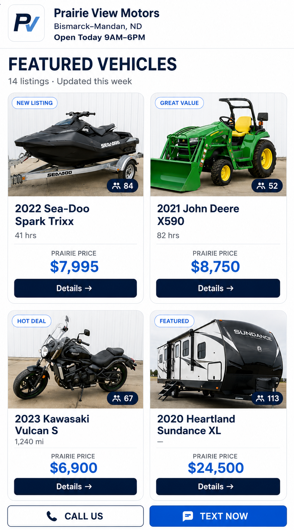 Prairie View Motors Weekly Listings page showing featured vehicles