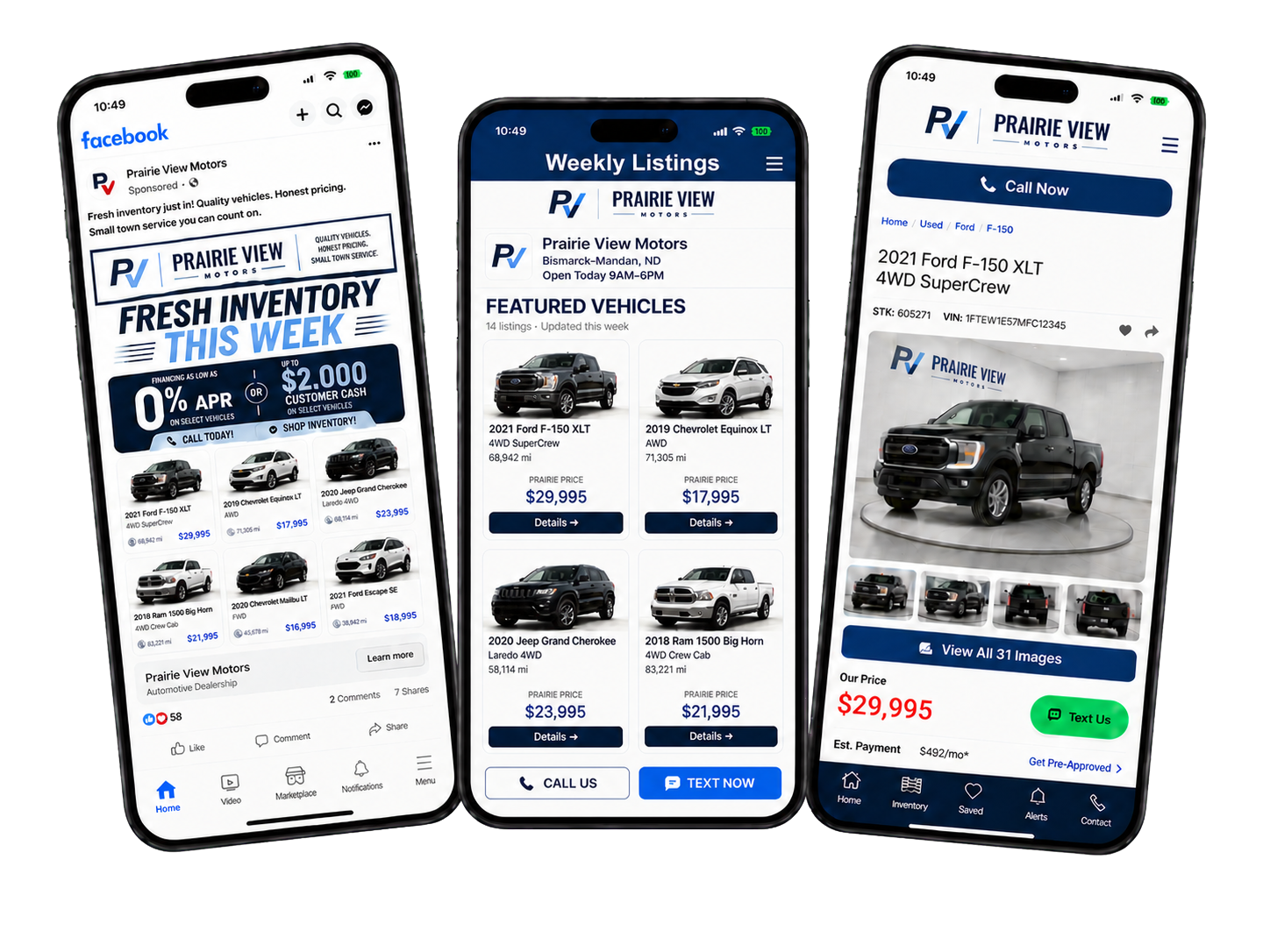 A Prairie View Motors Facebook advertisement leading to a four-vehicle automotive Weekly Listings page and then to the dealer vehicle detail page